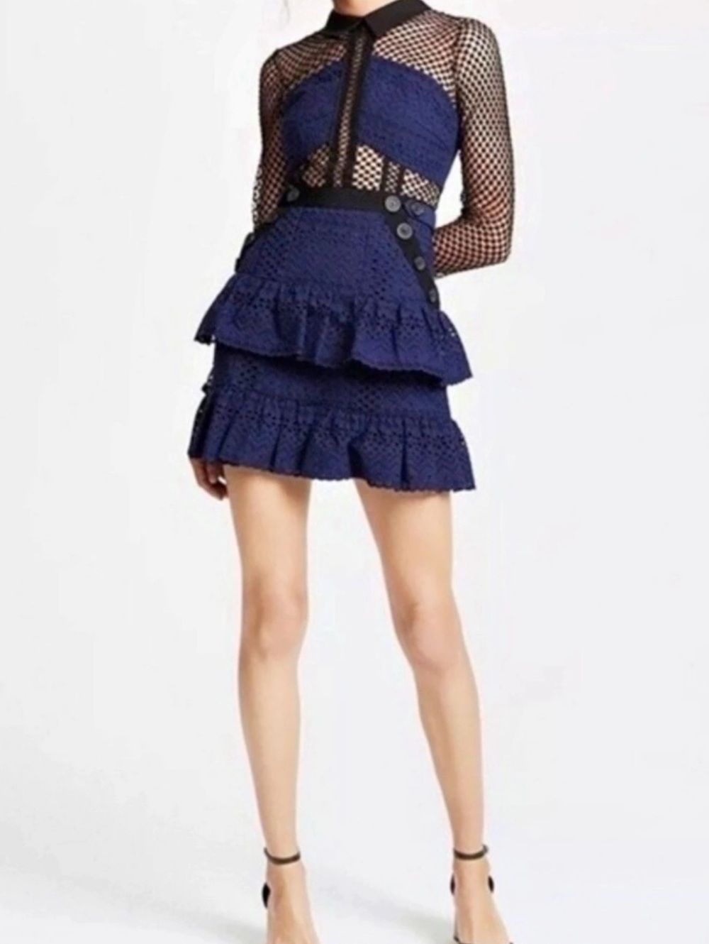 self-portrait Chiffon Ruffle Mini Dress Blue & Black